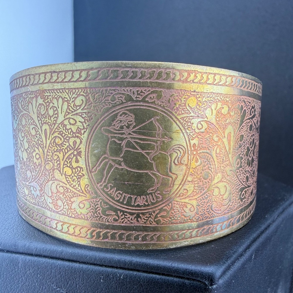 Vintage Sagittarius Cuff Bracelet Estate Zodiac Horoscope Brass Wide 8”